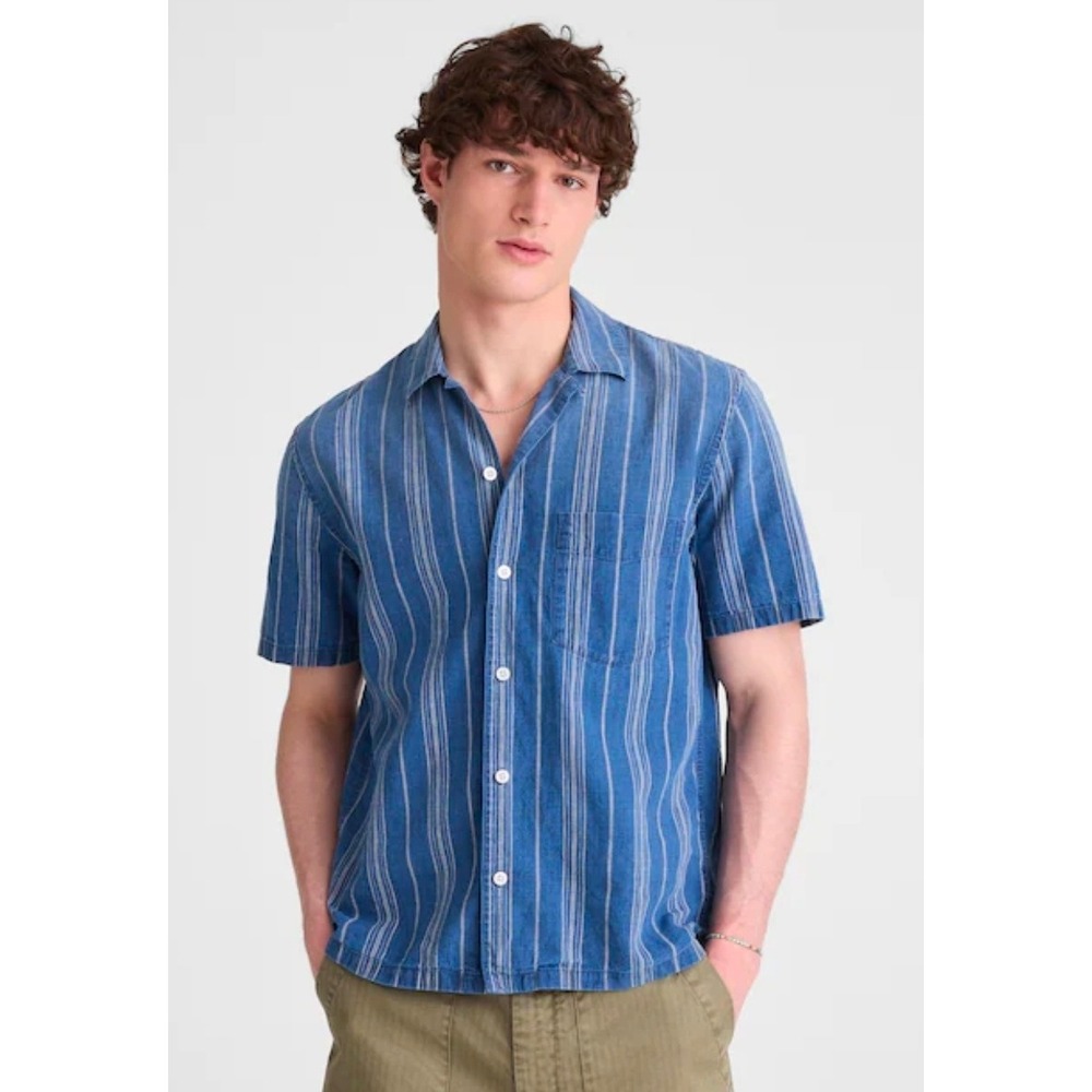 Madewell Short Sleeve Camp Shirt Indigo Linen Cotton Blend Striped Blue XXL